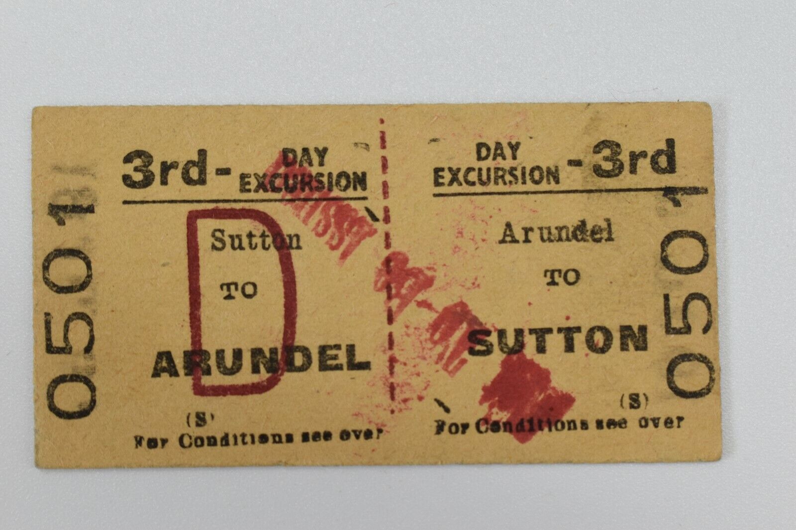 BTC (S) Railway Ticket No 0501 ARUNDEL to SUTTON JUL 55