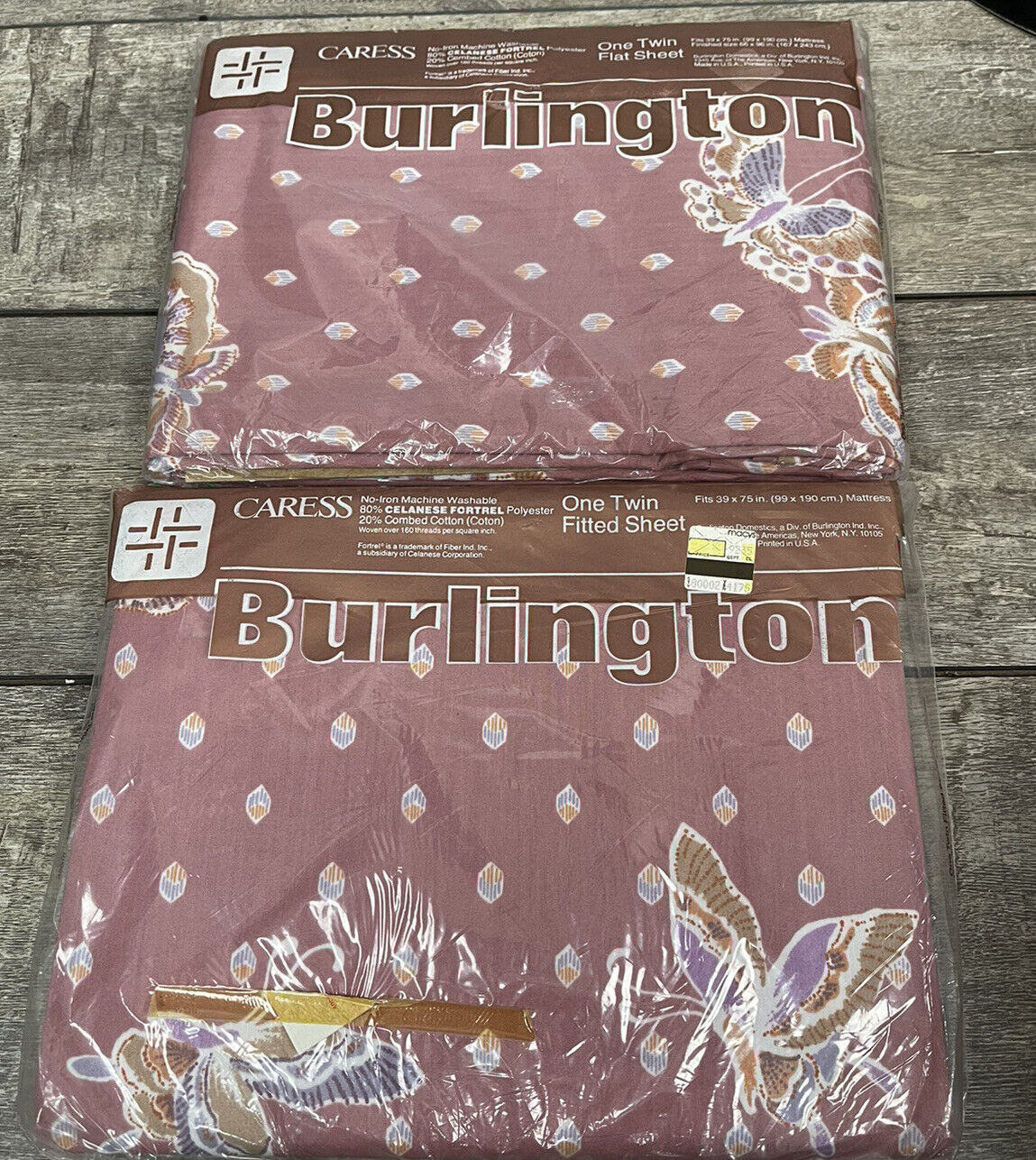NEW Caress Burlington Sheet Set Twin Size Flat Fitted Mauve Butterflies Sealed