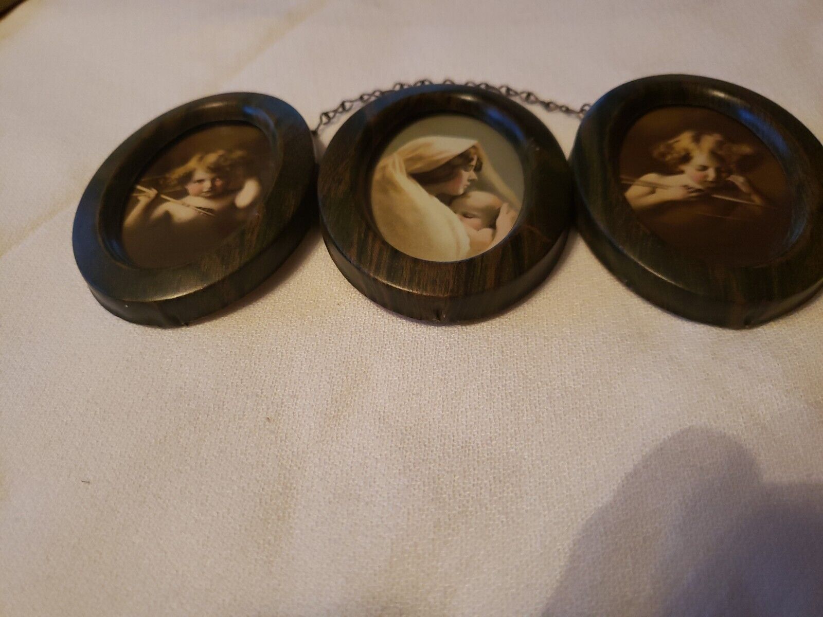 Vintage TRIPLE METAL Oval Miniature Picture Frames Child Cupid Arrow Mother Baby