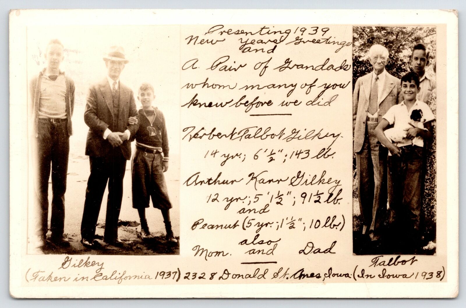 Ames IA~Herbert Talbot & Arthur Karr Gilkey w/Grandpas~Dog Peanut~XMAS 1938 RPPC