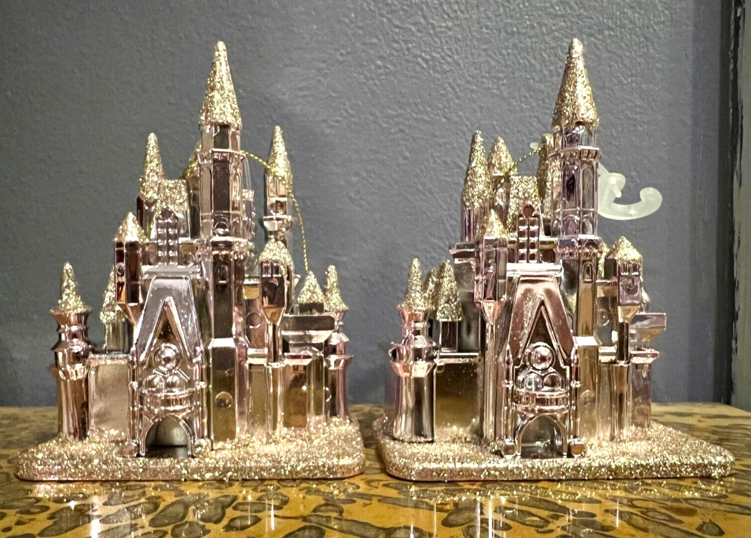 New - 2 CASTLE ORNAMENTS inspired by Theme Park Fairy Tale Castles - PINK & GOLD