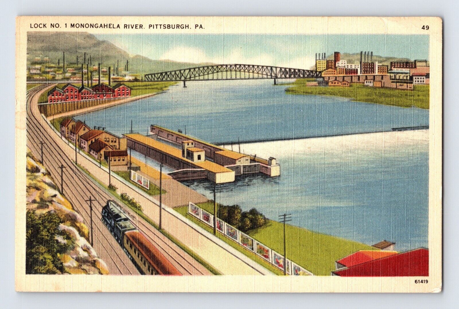 Postcard Pennsylvania Pittsburgh PA Monongahela River Bridge Train 1951 Posted
