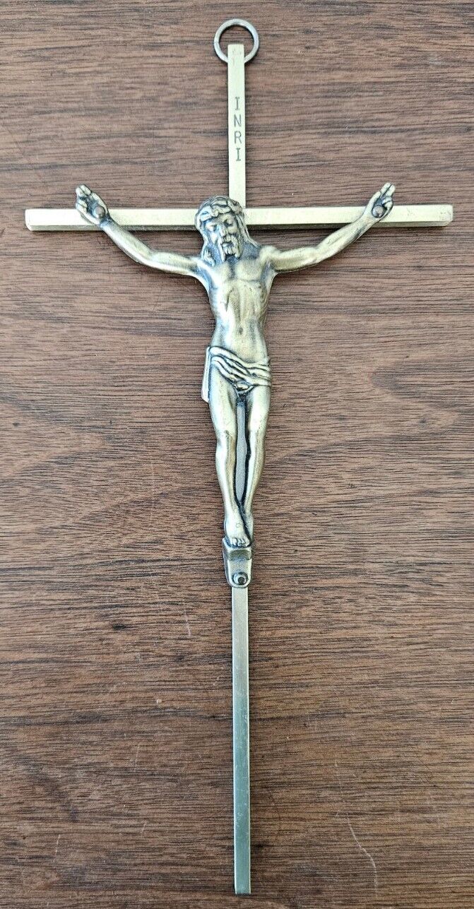 Vintage Brass Crucifix Metal Wall Hanging Catholic Devotional INRI 10\