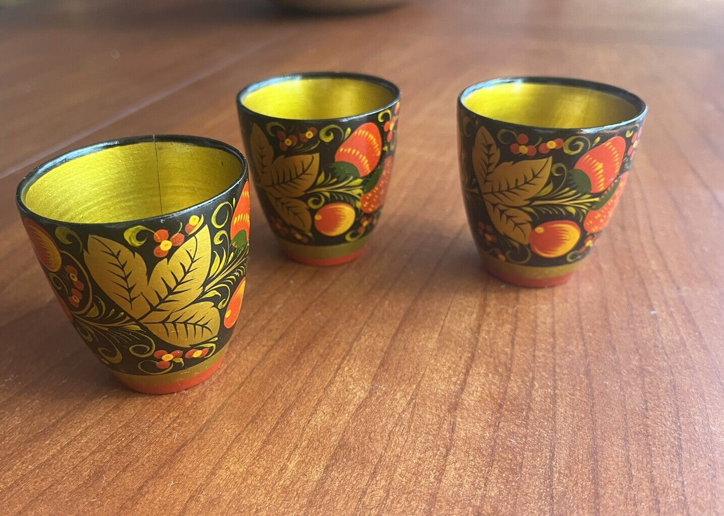 Vintage Khokhloma Shot Glass Mini Cups 3 Hand Painted Folk Art