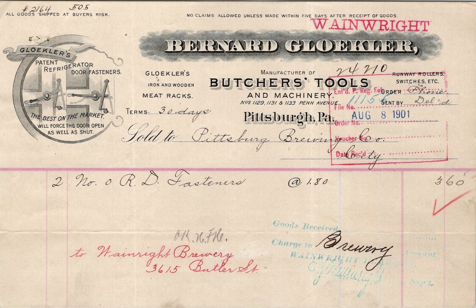 Pittsburgh PA Bernard Gloekler Machinery 1901 Wainwright Brewery Billhead BH39
