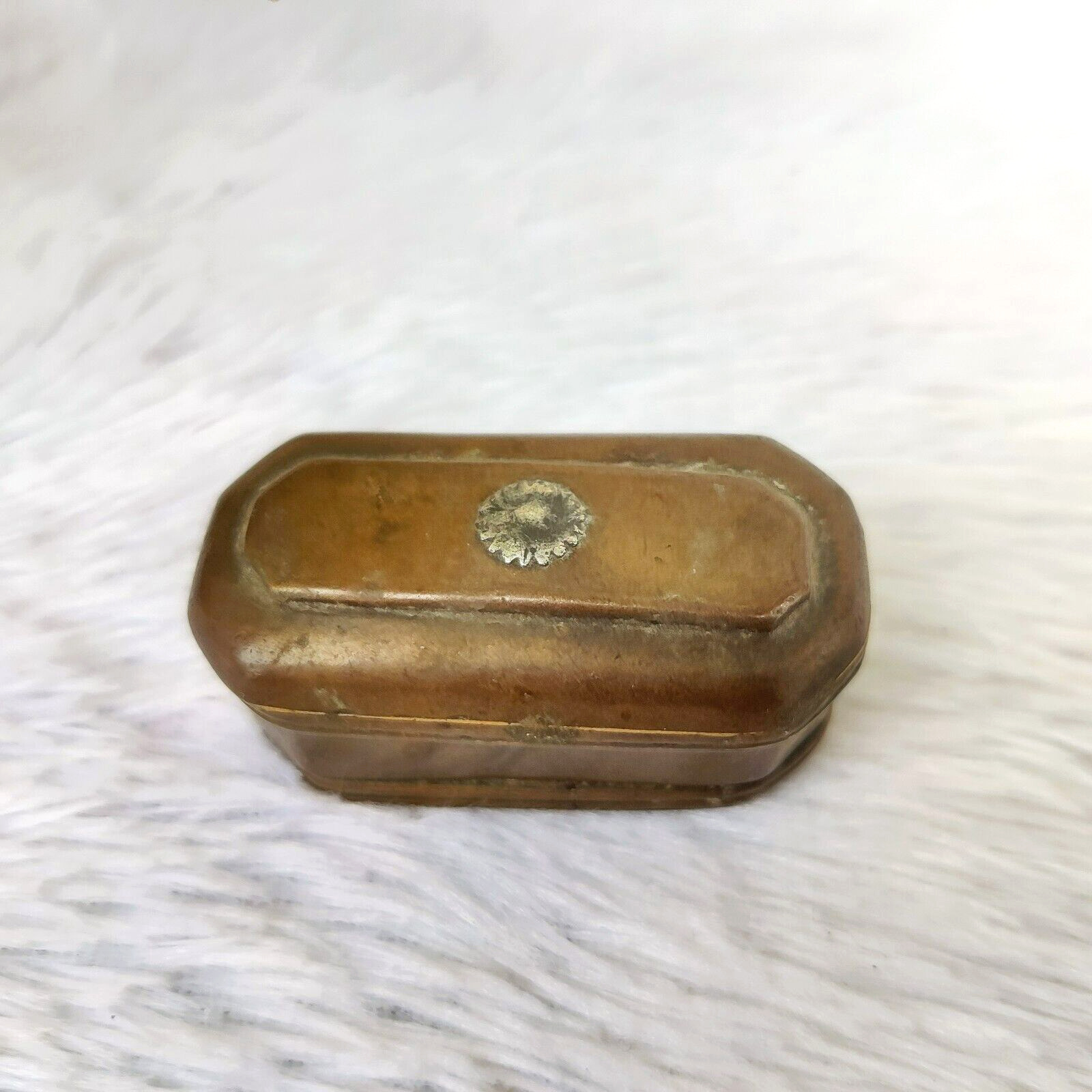 19c Vintage Brass Tricky Tobacco Box Silver Flower Decorated Rare Miniature Old