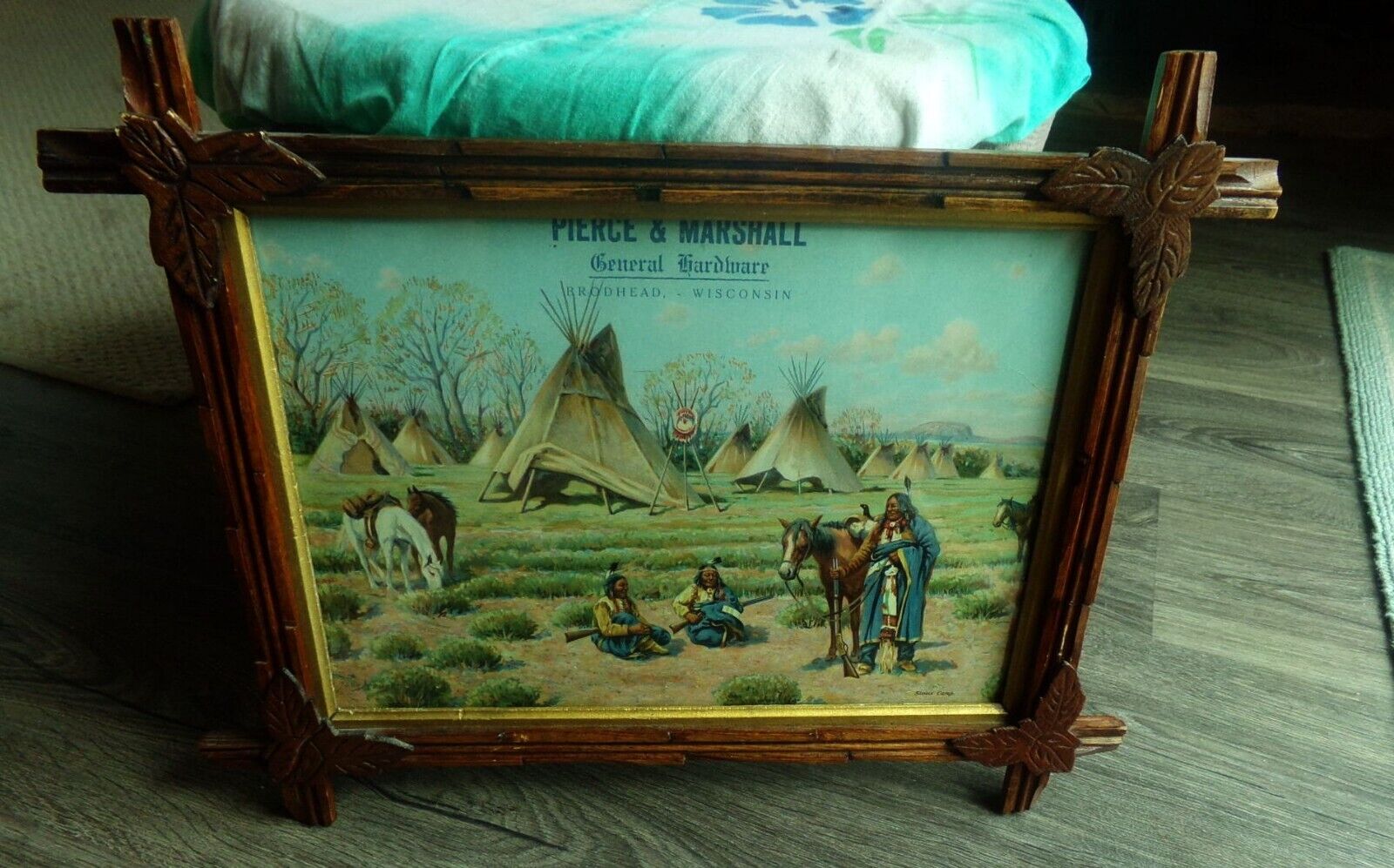 ANTIQUE HARDWARE BRODHEAD WI. INDIAN SIOUX CAMP ADVERTISING PRINT JOHN HAUSER