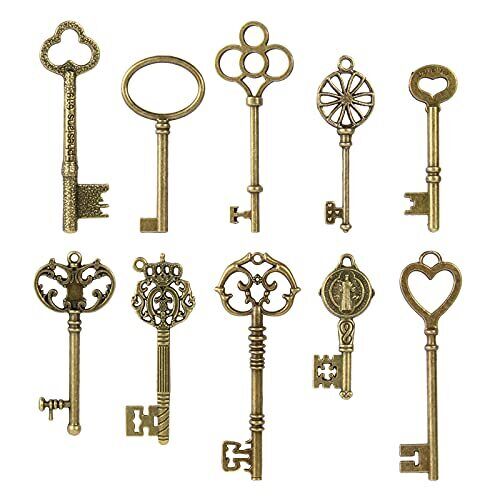 Vintage Skeleton Keys Set, Filigree Steampunk Keys, Antique Bronze Pack of 10