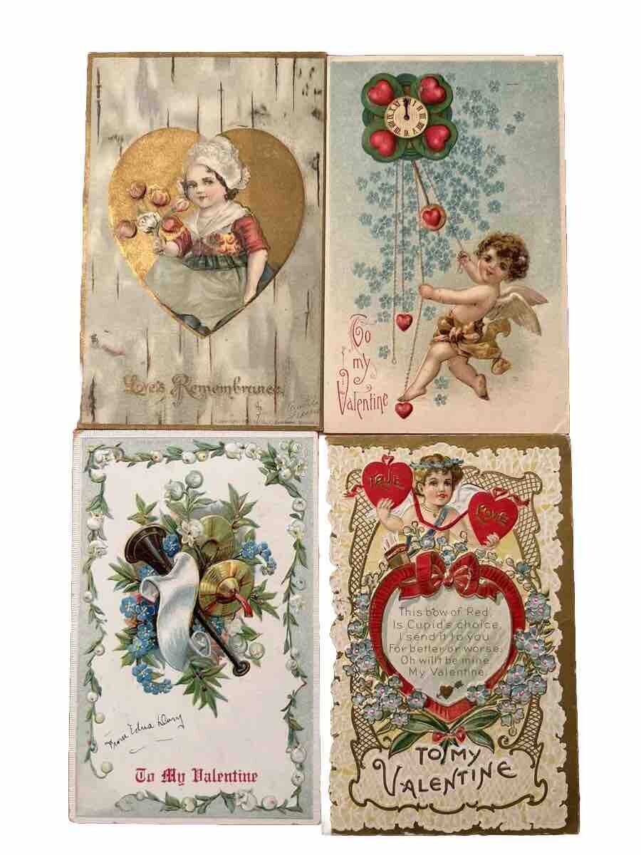 Vintage 1909 VALENTINE Postcard Lot (4) Cupid Hearts True Love ❤️ 💘💌