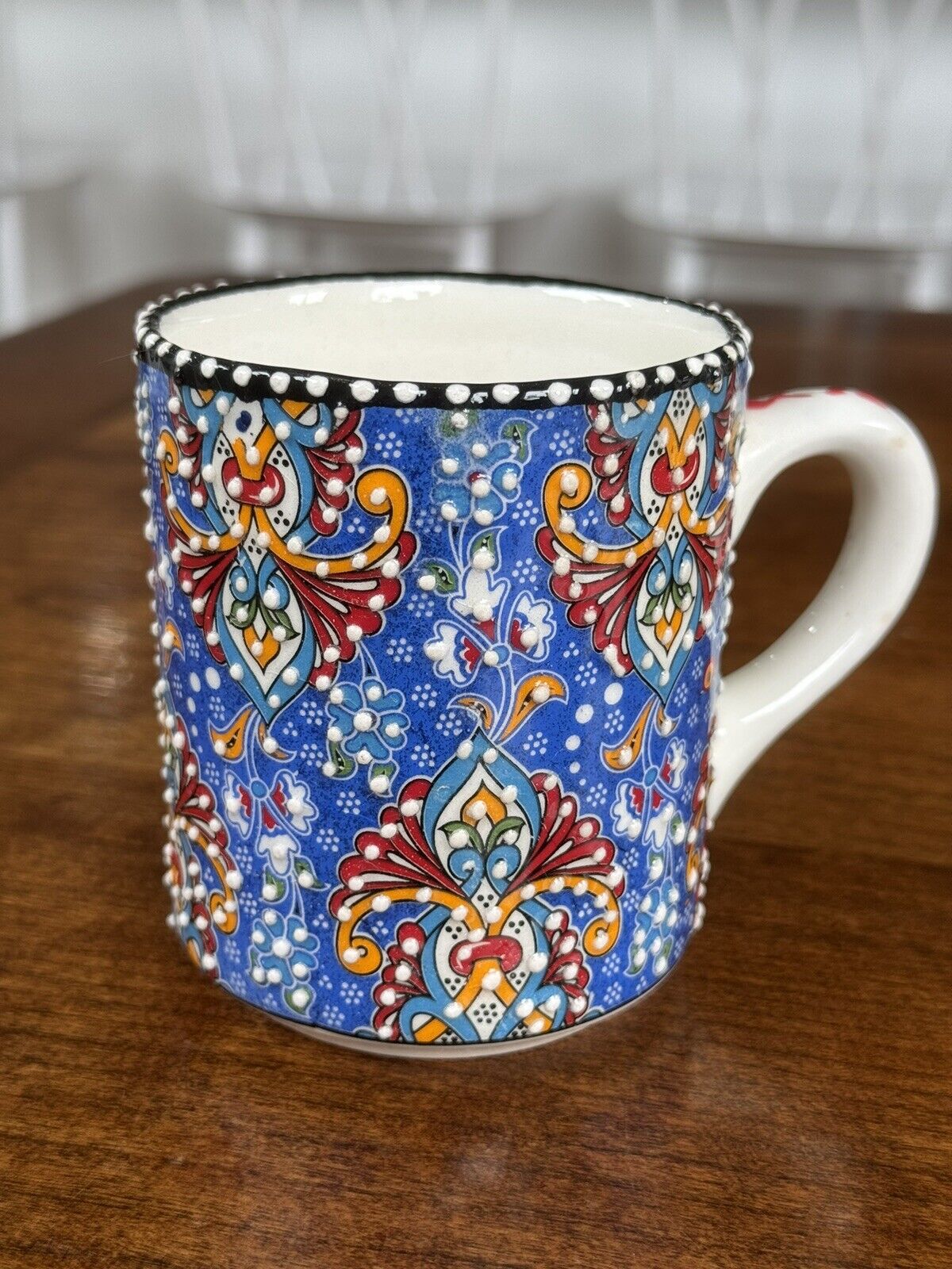 HANDMADE Turkish Pottery coffee Cup MUG Multicolor Ceramic FLORAL RAISED DETAILS