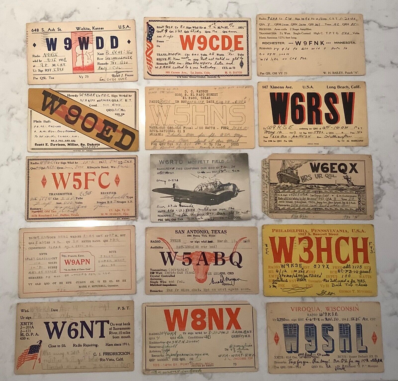 Vtg Lot of (15) Early 1920’s-1940’s Used QSL Cards Postcards Old Ham Radio