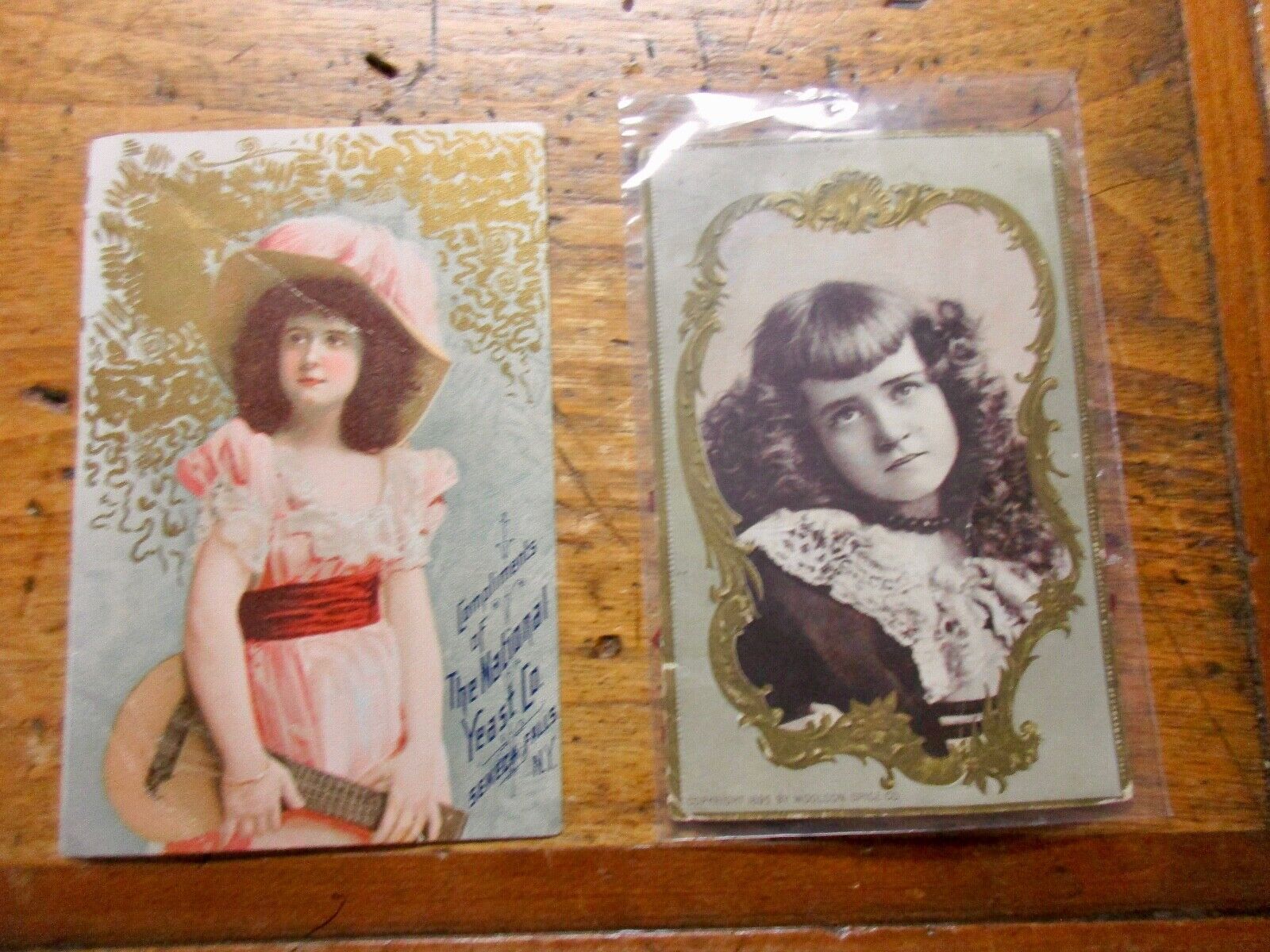  2 1895 VICTORIAN TRADE CARDS SMALL GIRLS NATIONAL YEAST WOOLSON SPICE 