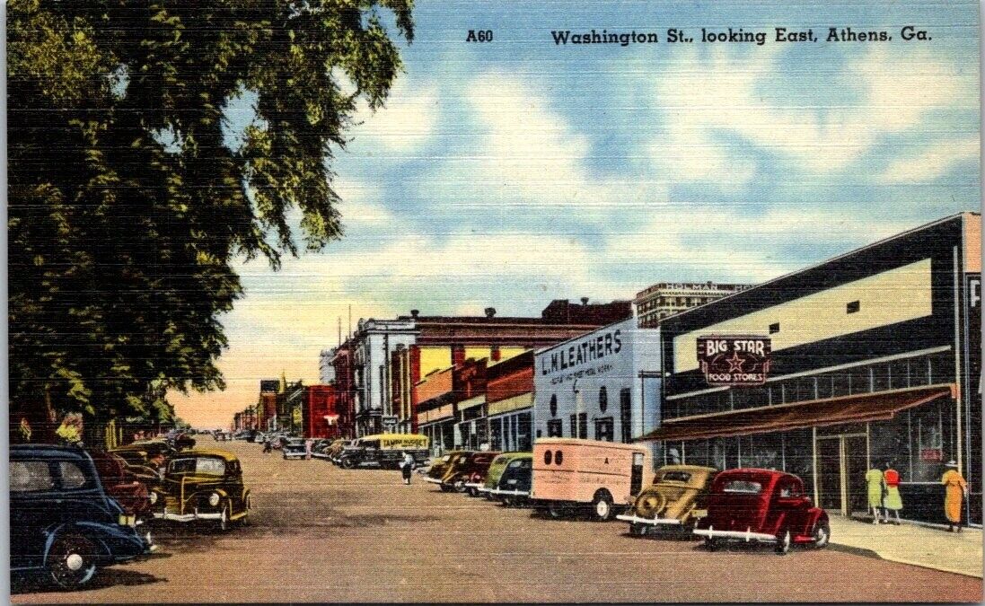 Washington St., Looking East, Home of The University of Georgia Postcard A78