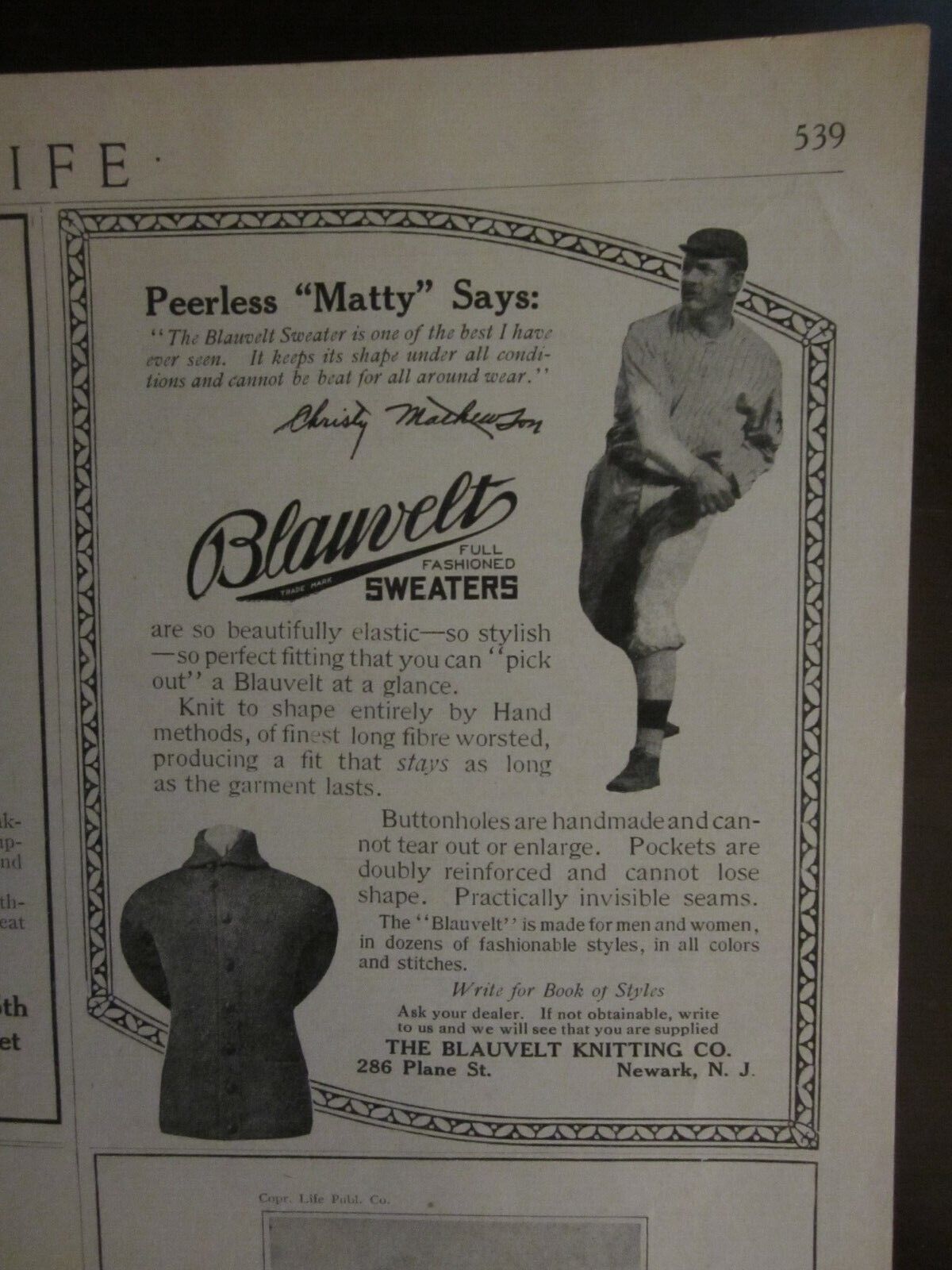 1909 Christy Mathewson Blauvelt Sweaters Advertisement 