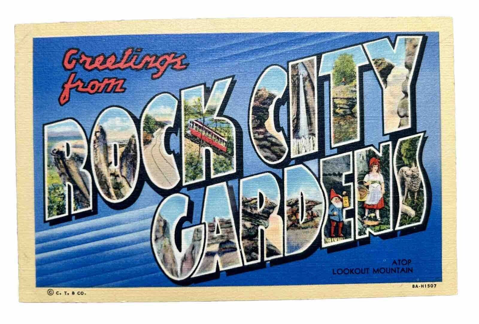 Greetings From Rock City Gardens Georgia Large Letter Linen Postcard