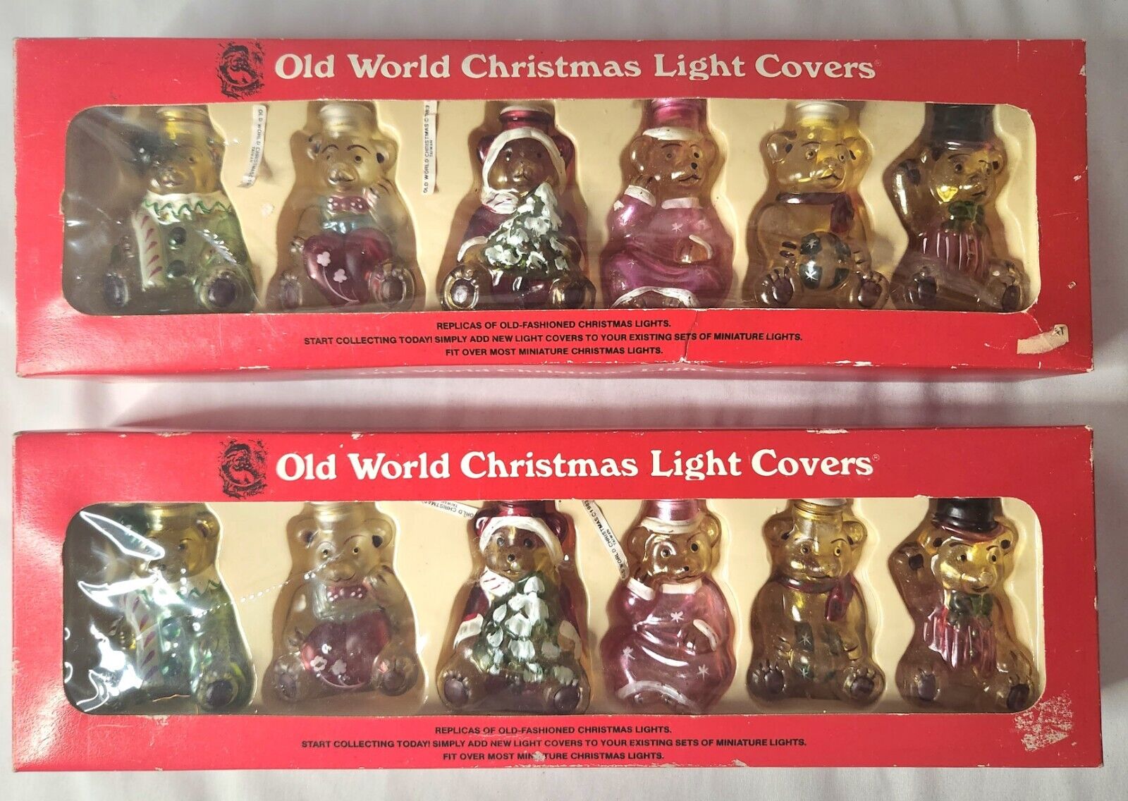 Vintage Old World Christmas Light Covers Glass Teddy Bears 2 Sets Hand Painted