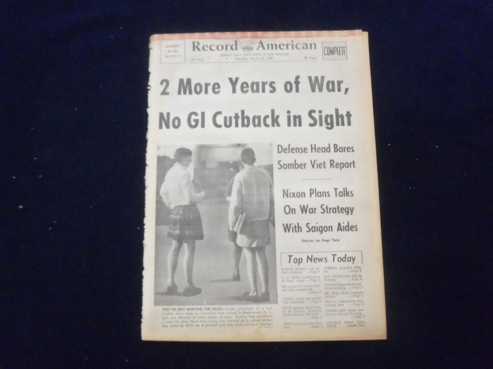 1969 MARCH 20 BOSTON RECORD AMERICAN NEWSPAPER - 2 MORE YEARS OF WAR - NP 6336