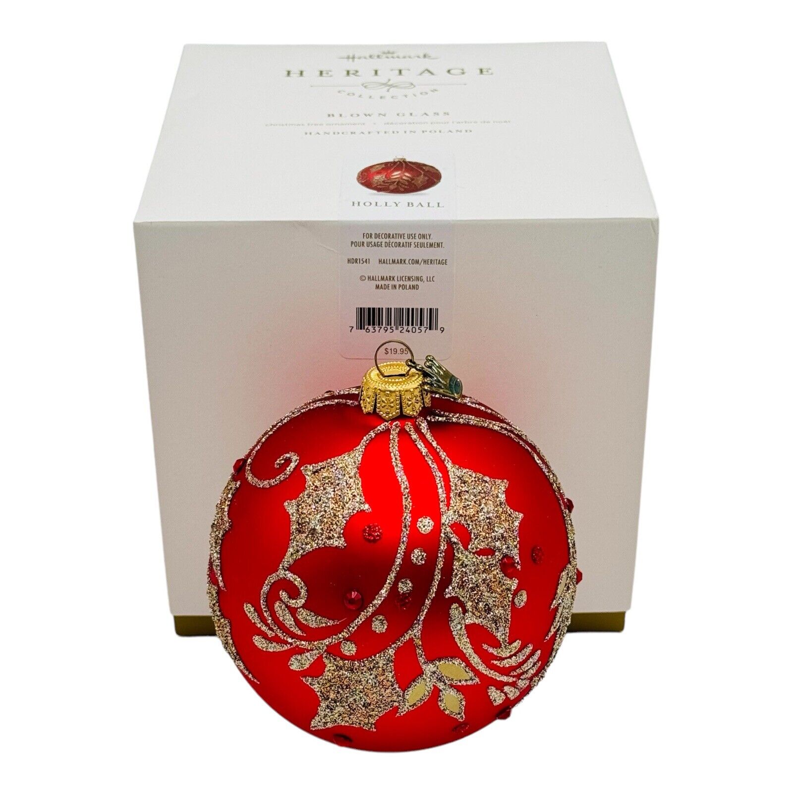 Hallmark Heritage Collection Holly Ball Blown Glass Ball Poland NEW IN BOX