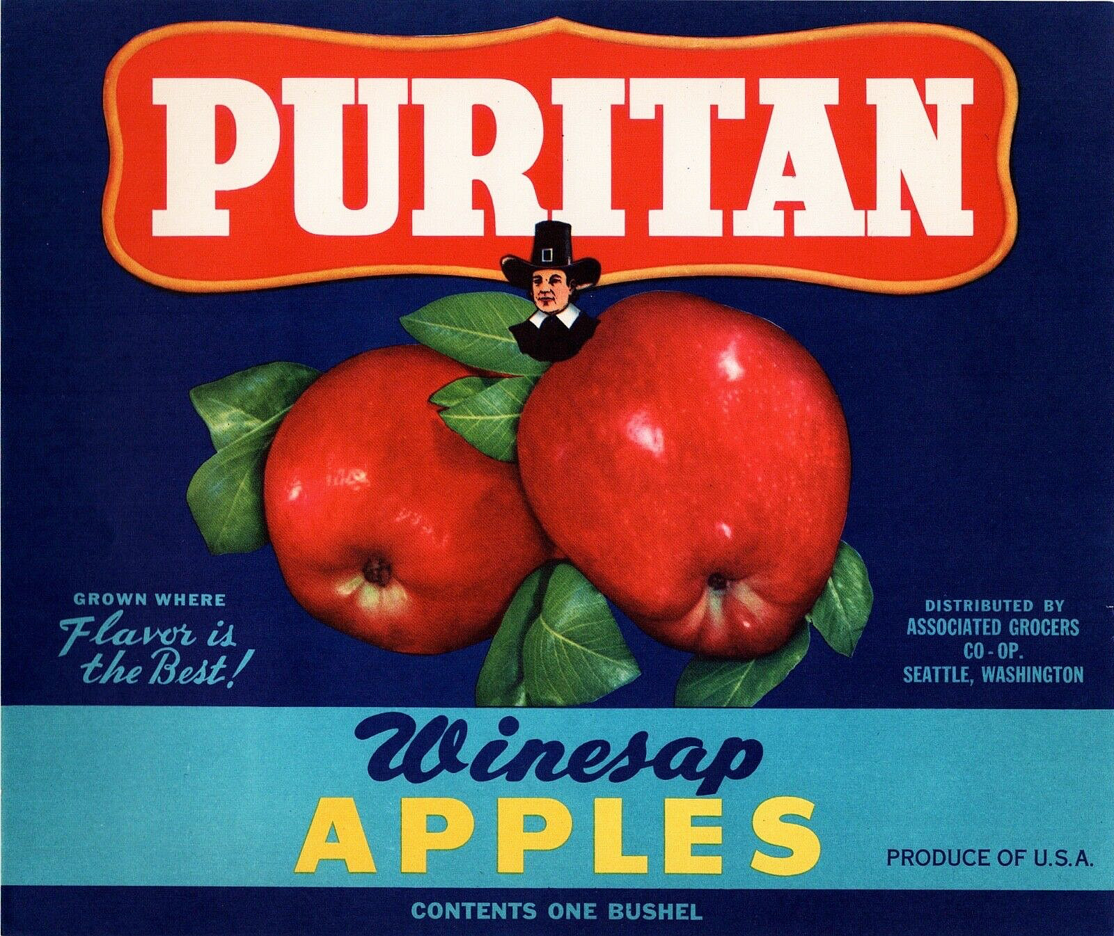 10 Vintage PURITAN Brand Apple Fruit Crate Labels Seattle, Washington