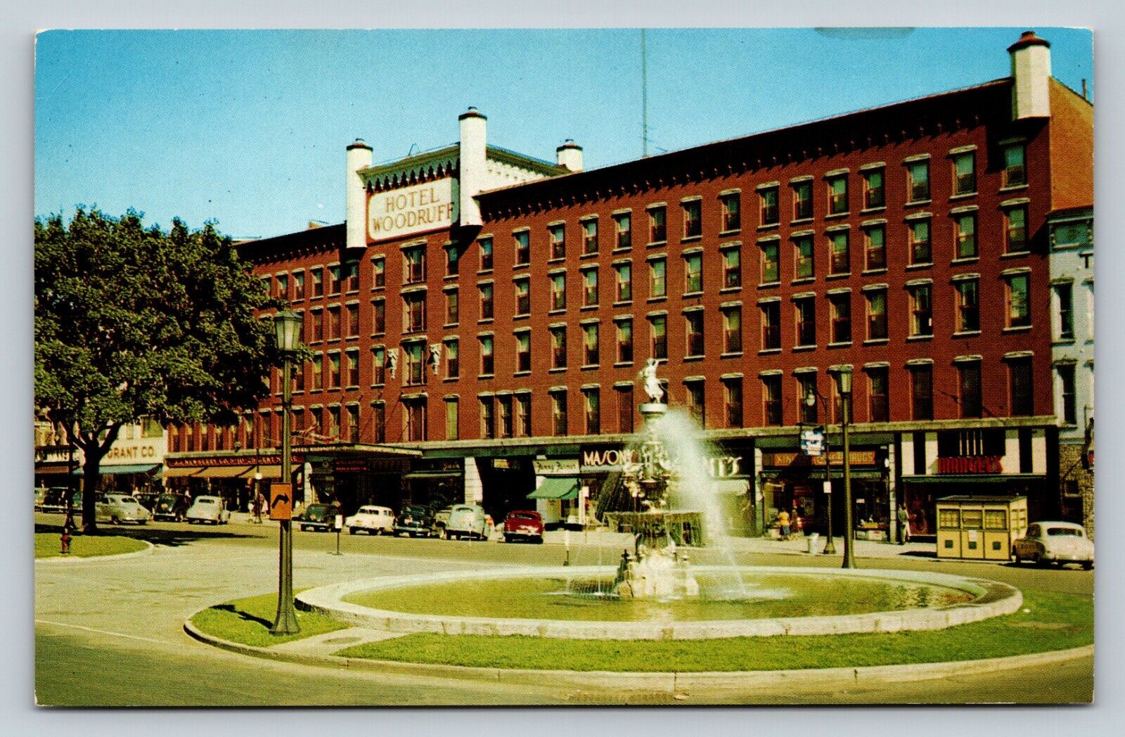 Hotel Woodruff, Fountain & Classic Cars Watertown NY VINTAGE Postcard