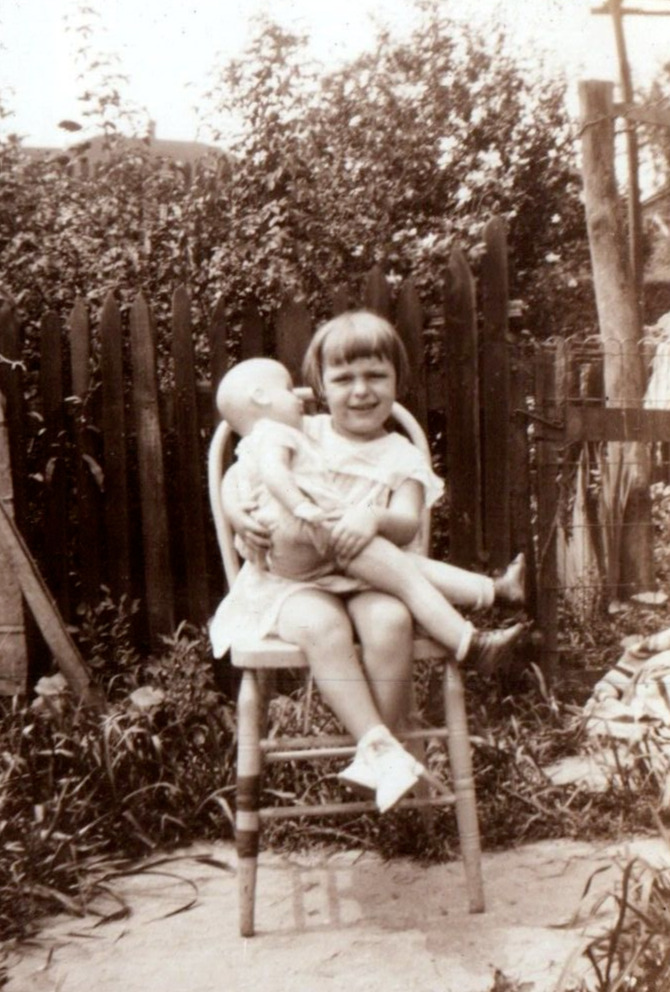 Vintage 1940s Photo Cute Little Girl Sitting with Big Doll in Her Lap