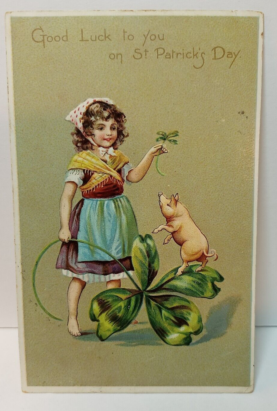 Antique Tuck & Sons Postcard Girl, Shamrock, Pig St Patrick\'s Day 1900\'s
