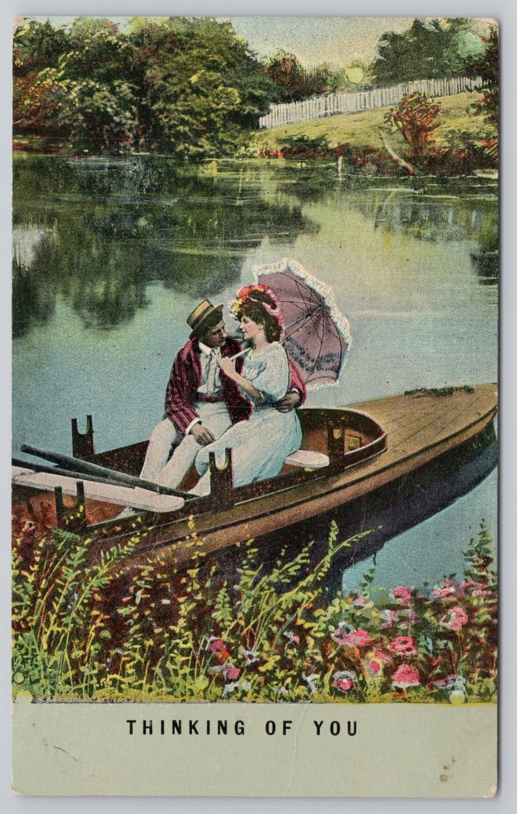 Postcard Thinking of You, Couple on Lake in Rowboat, Romance Vintage PM 1912
