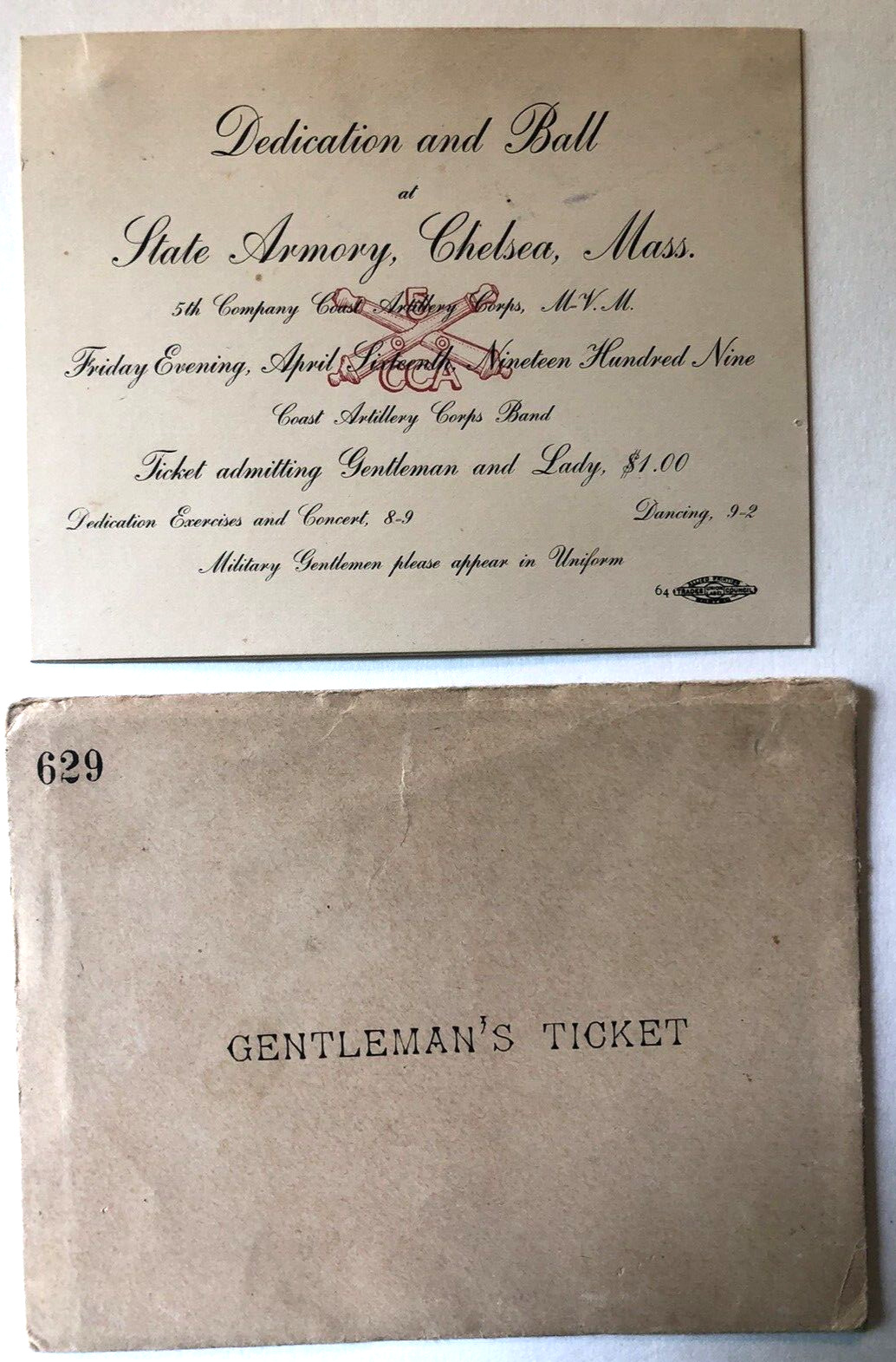CHELSEA MA 1909 GENTELMAN’S TICKET for Dedication & Ball at State Armory RARE