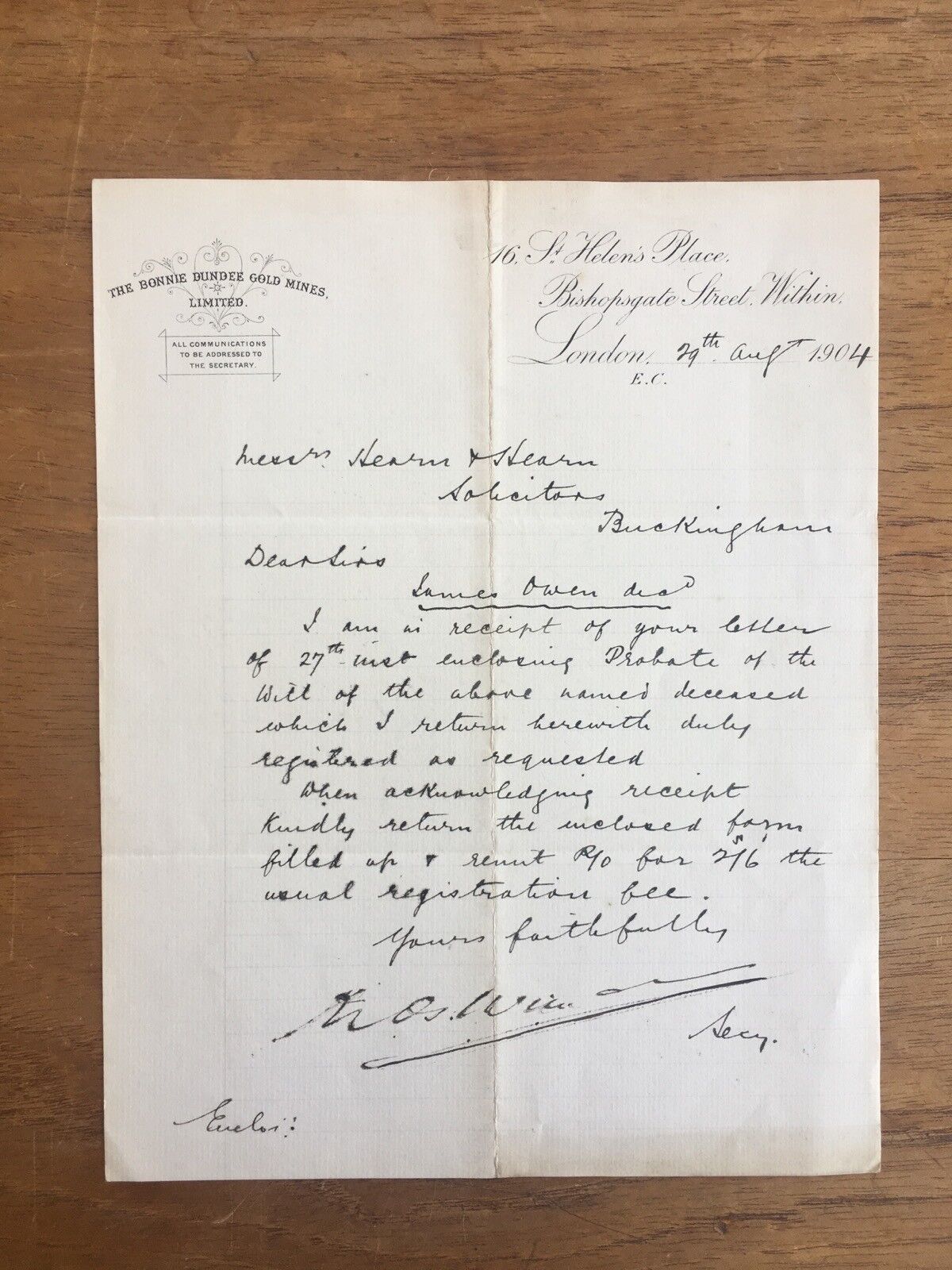 1904 THE BONNIE DUNDEE GOLD MINES NSW HANDWRITTEN LETTER DECEASED (F7P9)