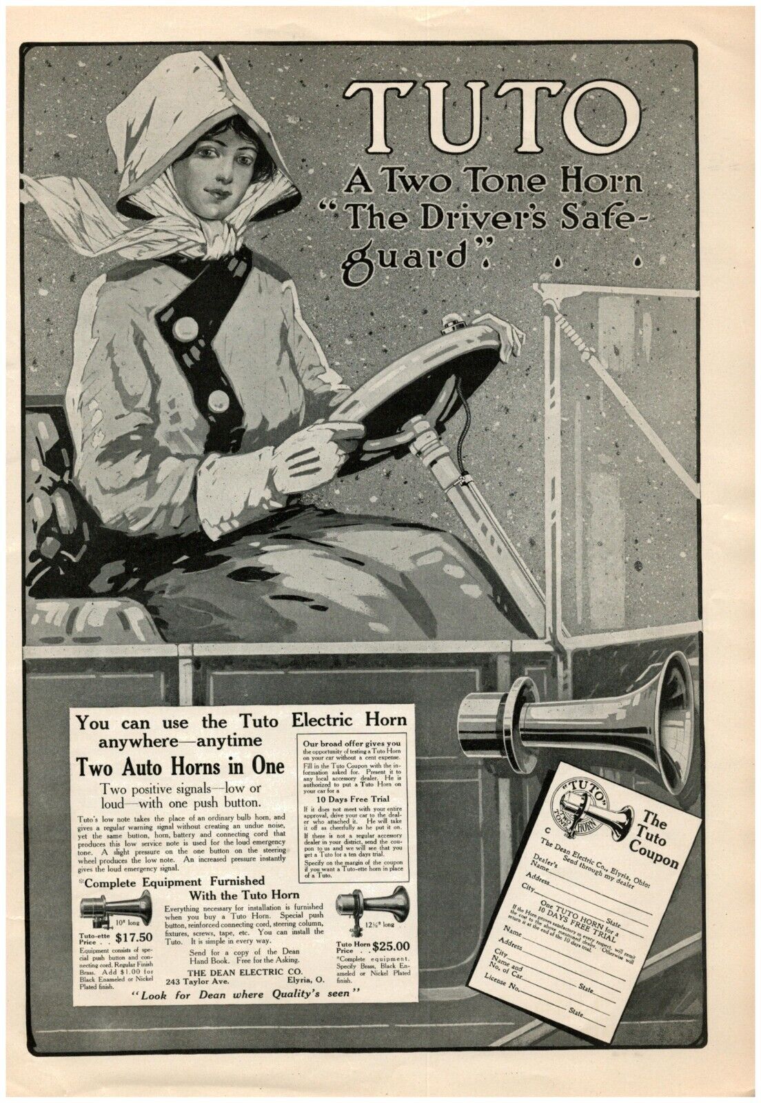 1912 TUTO Antique Print Ad Dean Electric Two Tone Horn Drivers Safeguard Coupon