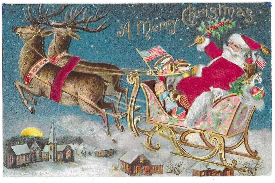 Silk Santa Claus~in Sled w. USA Flag~Toys~1908~Patriotic~Christmas Postcard-h896