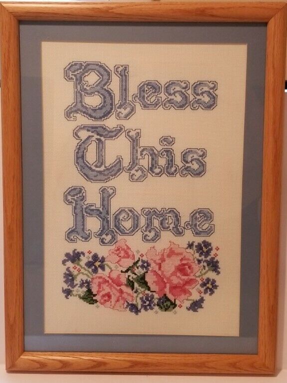 BLESS THIS HOME  Needlepoint  Professionally Oak Framed Under Glass  20x15 in.