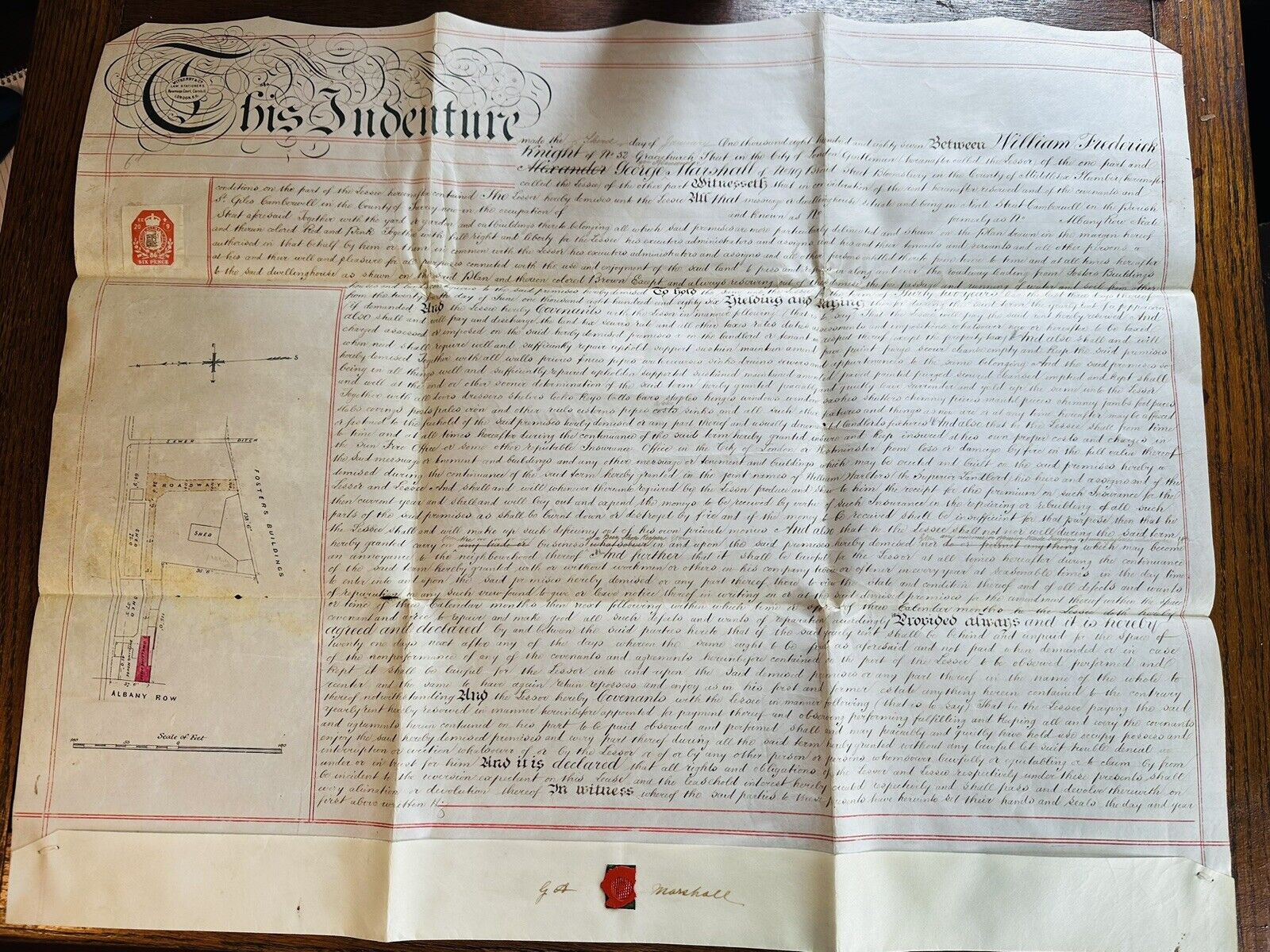 Antique Indenture Contract  Lease Document-1887, London-wax seal, map, stamps