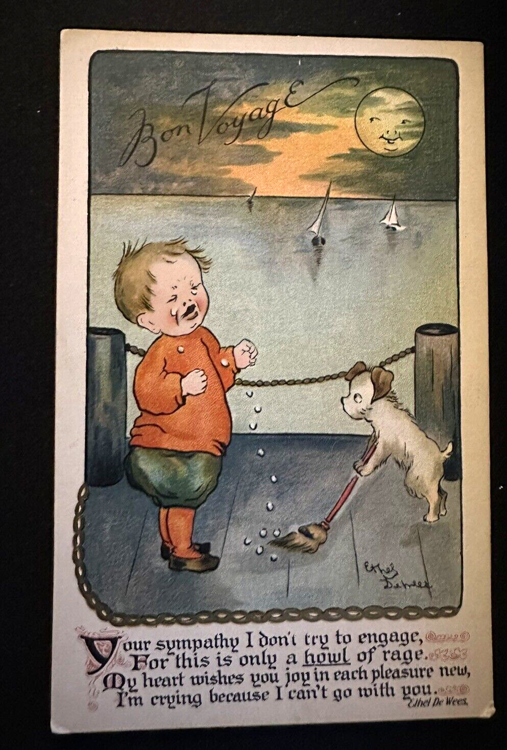 Arts & Crafts Antique A/s Postcard-Child on Dock with Dog~Bon Voyage~k460
