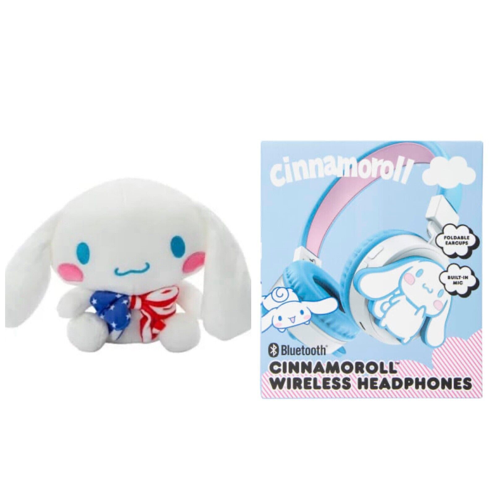 New 2pc Cinnamonroll Bluetooth Wireless Headphones & 7.5in Patriotic Plush