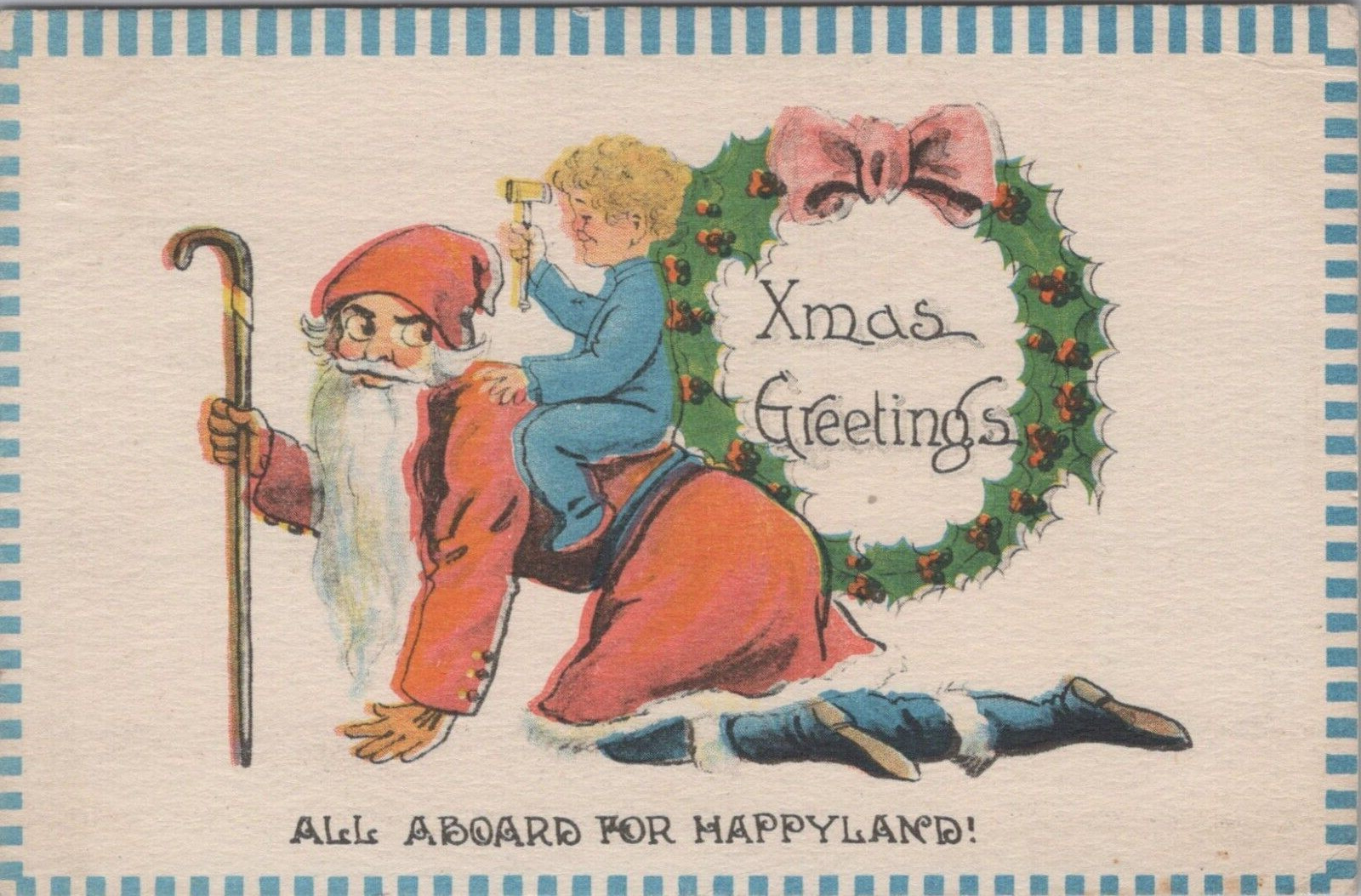 Christmas Santa Giving Piggy Back Ride All Aboard Happyland c1910 postcard KP9