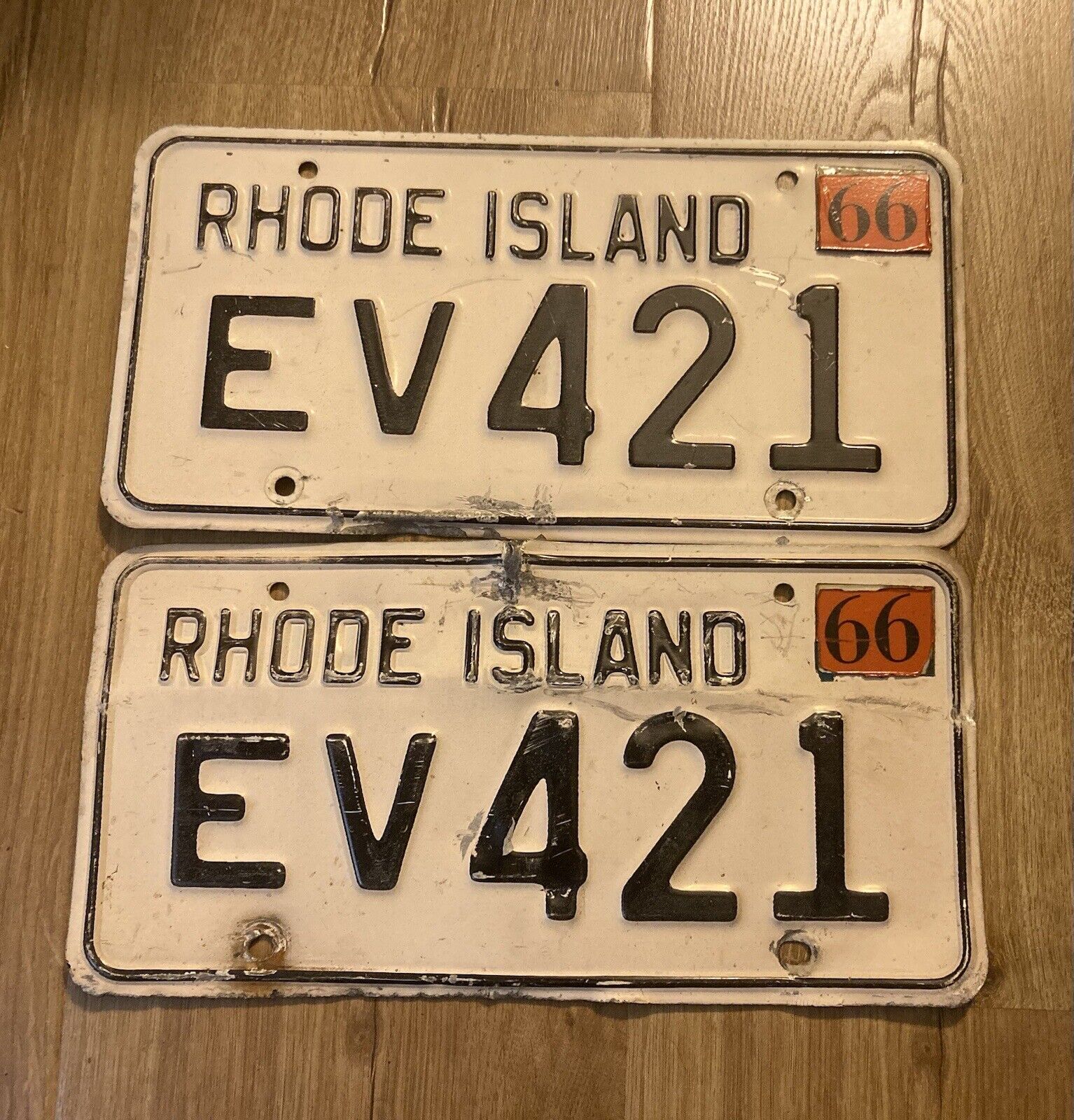 Vintage Original 1966 Rhode Island License Plates matching pair EV 421 Pontiac
