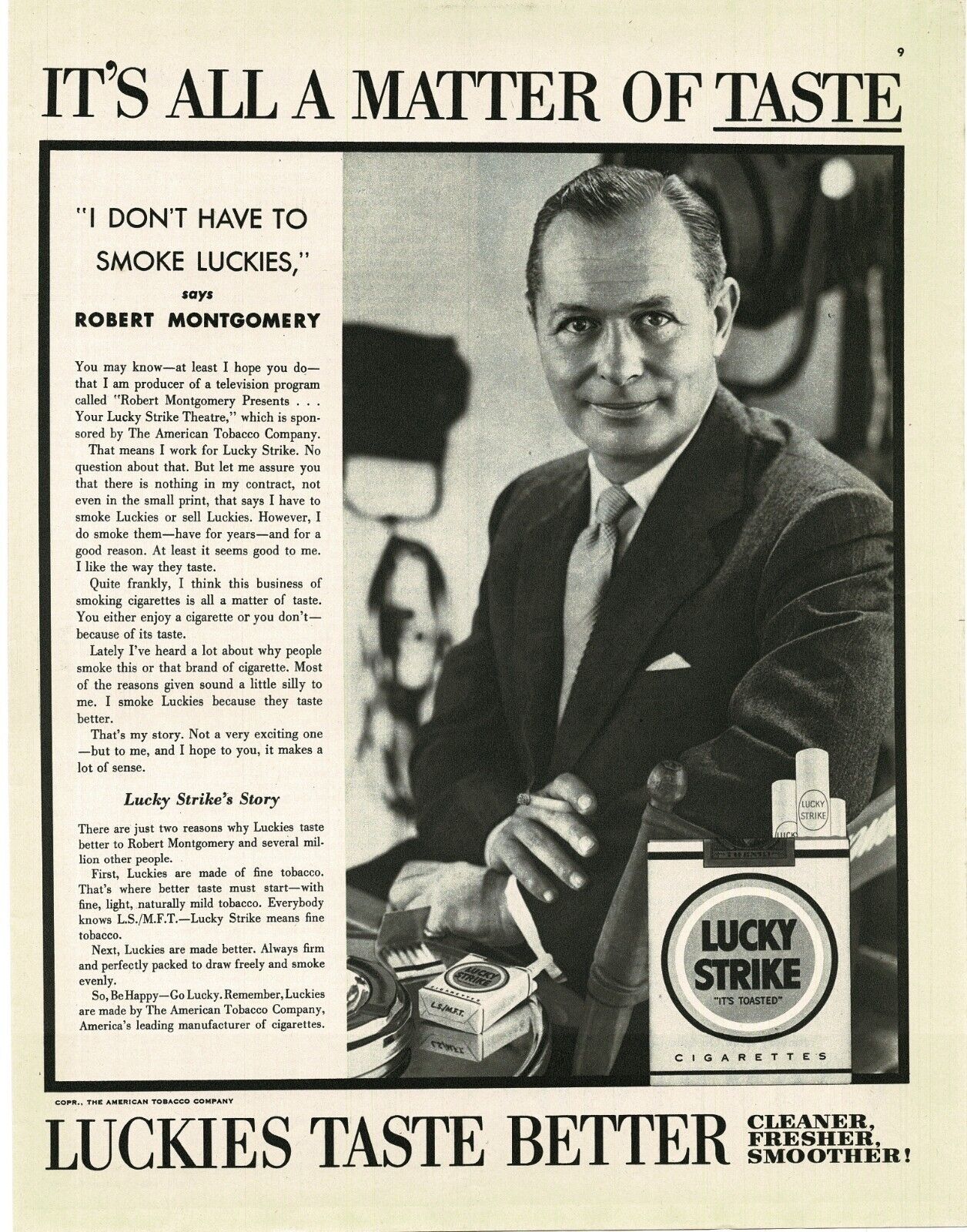 1954 LUCKY STRIKE Cigarettes Robert Montgomery movie star Vintage Print Ad