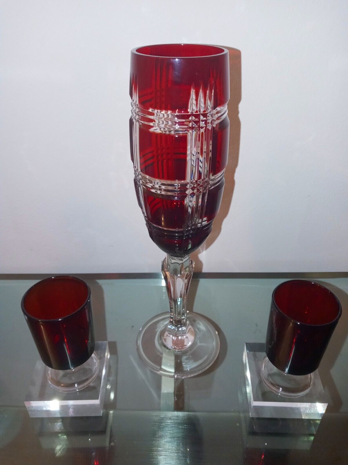 AJKA Ruby Red Cut To Clear Crystal Champagne Flute Glass Made in Hungary