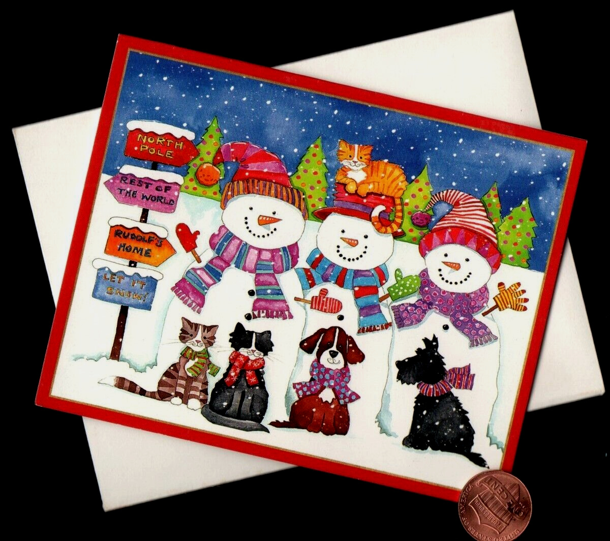 HTF CASPARI Snowmen Kittens Cats Dogs Puppies - SMALL - Christmas Greeting Card