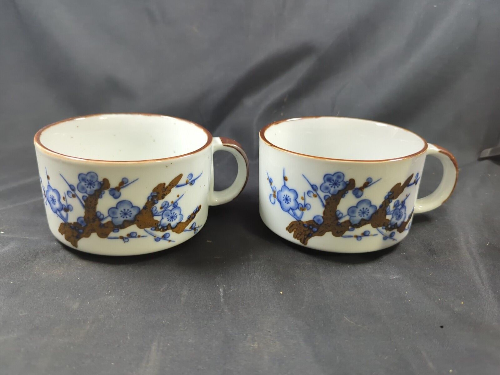 2 Vintage Cherry Blossom Soup Mugs Bowls Blue Flower Brown Speckled Ceramic 