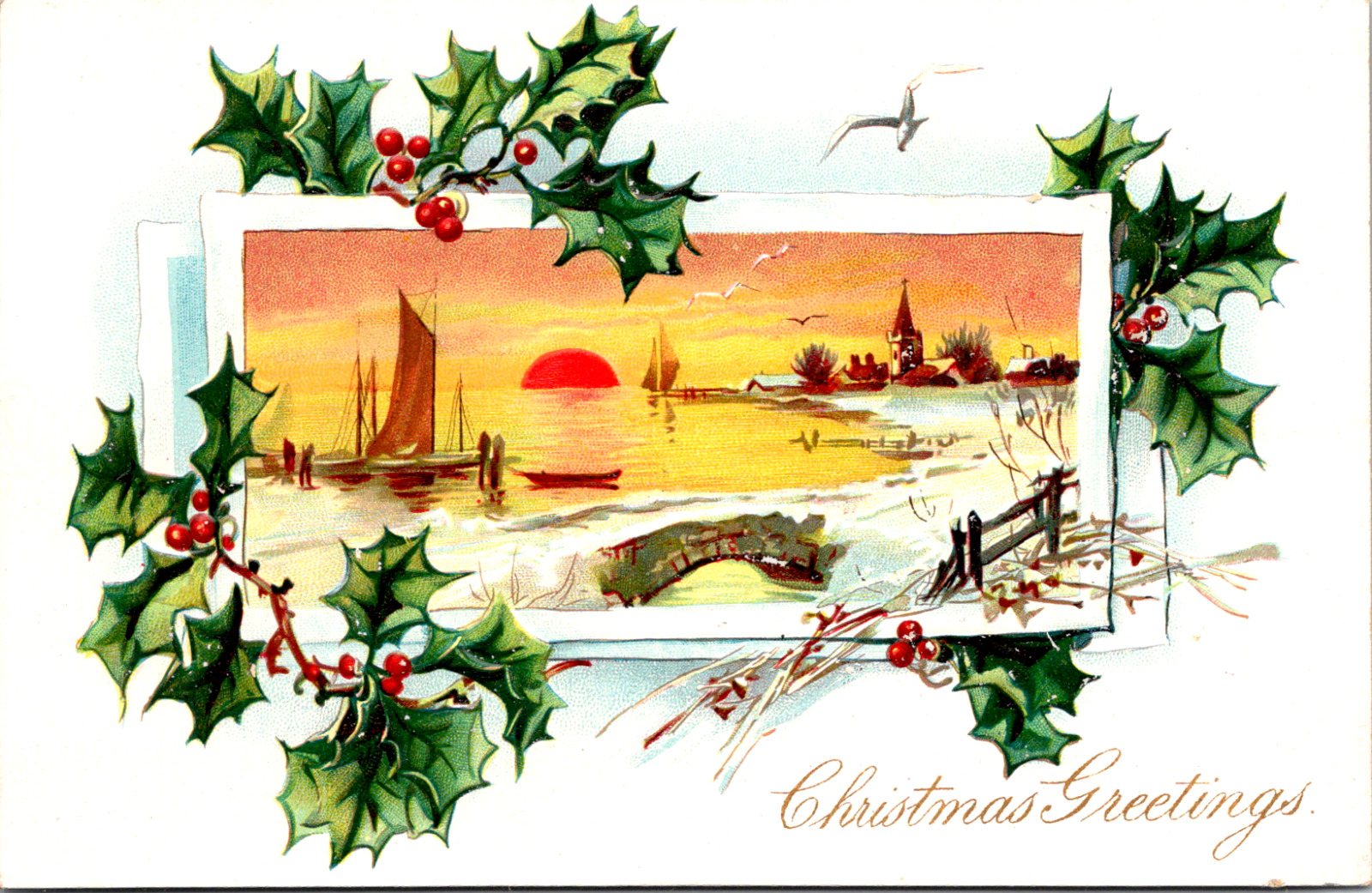 Vintage C. 1905 Christmas Greeting Raphael Tuck Holly Postcard Sunset Sailboat