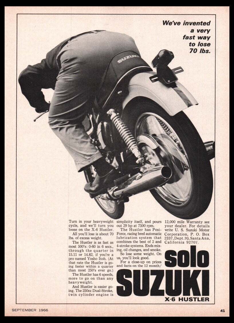 1966 Suzuki X6 Hustler Motorcycle print ad /mini poster/photo-Original VTG 1960s