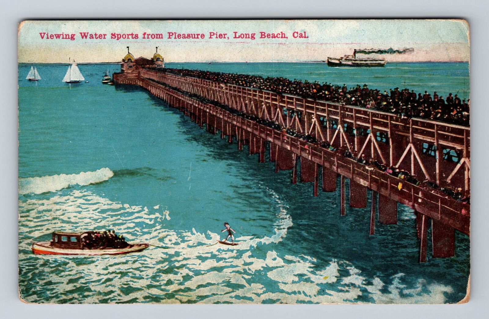 Long Beach CA-California, Water Sports, Pleasure Pier, Antique Vintage Postcard