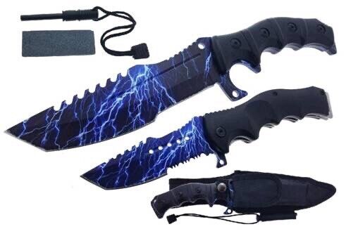 11” Hunting knife And Pocket Knife Survival CSGO Set W Fire starter & Stone Blue