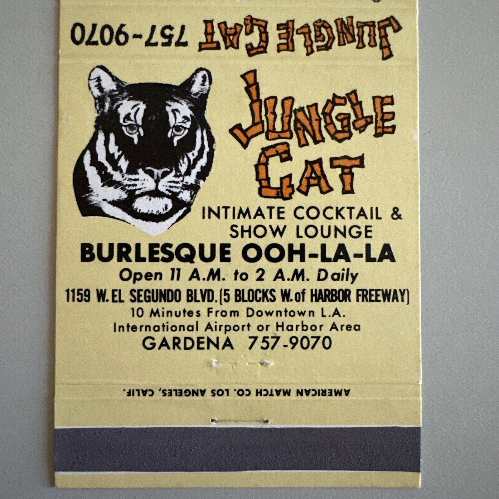 Vintage 1970s Jungle Cat Gardena CA Burlesque Club Matchbook Cover