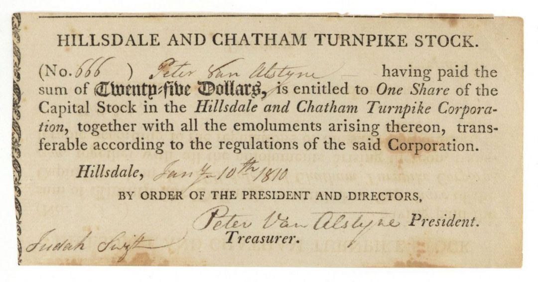Hillsdale and Chatham Turnpike Corp. - Stock Certificate - Early Turnpike Stocks