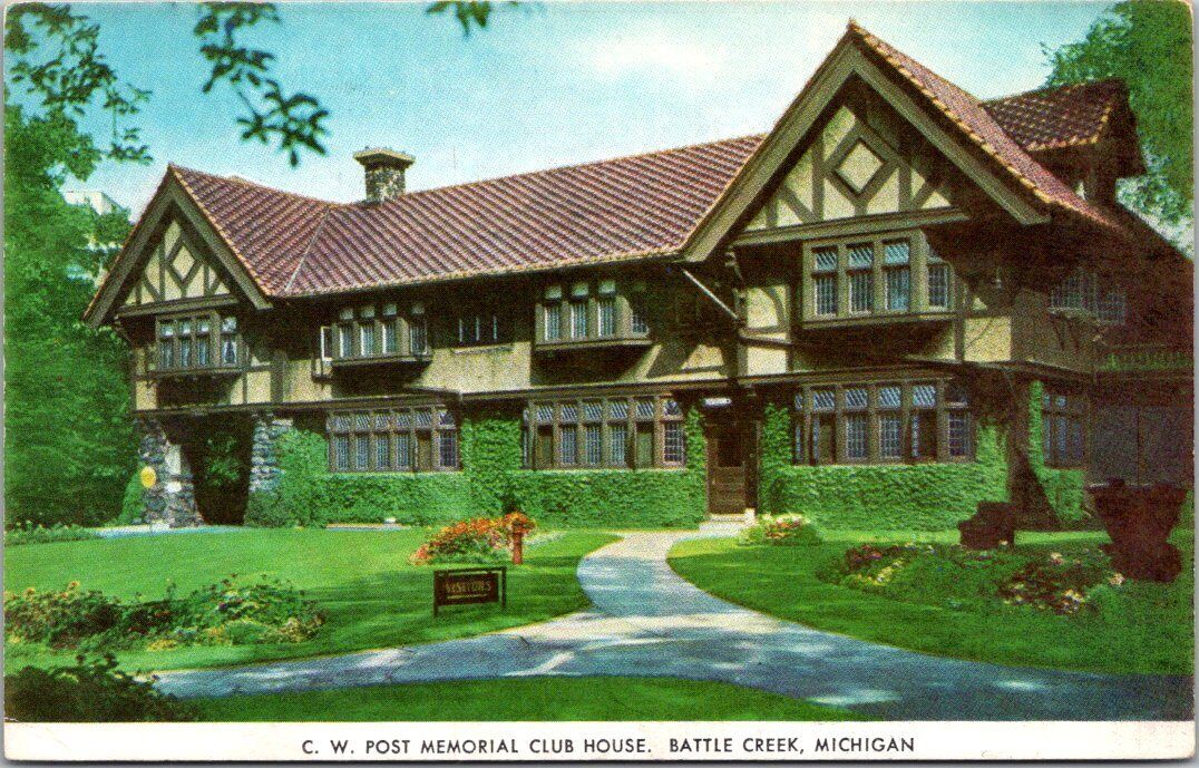 Battle Creek Michigan CW Post Club House Grandin Advertising Chrome Postcard MI