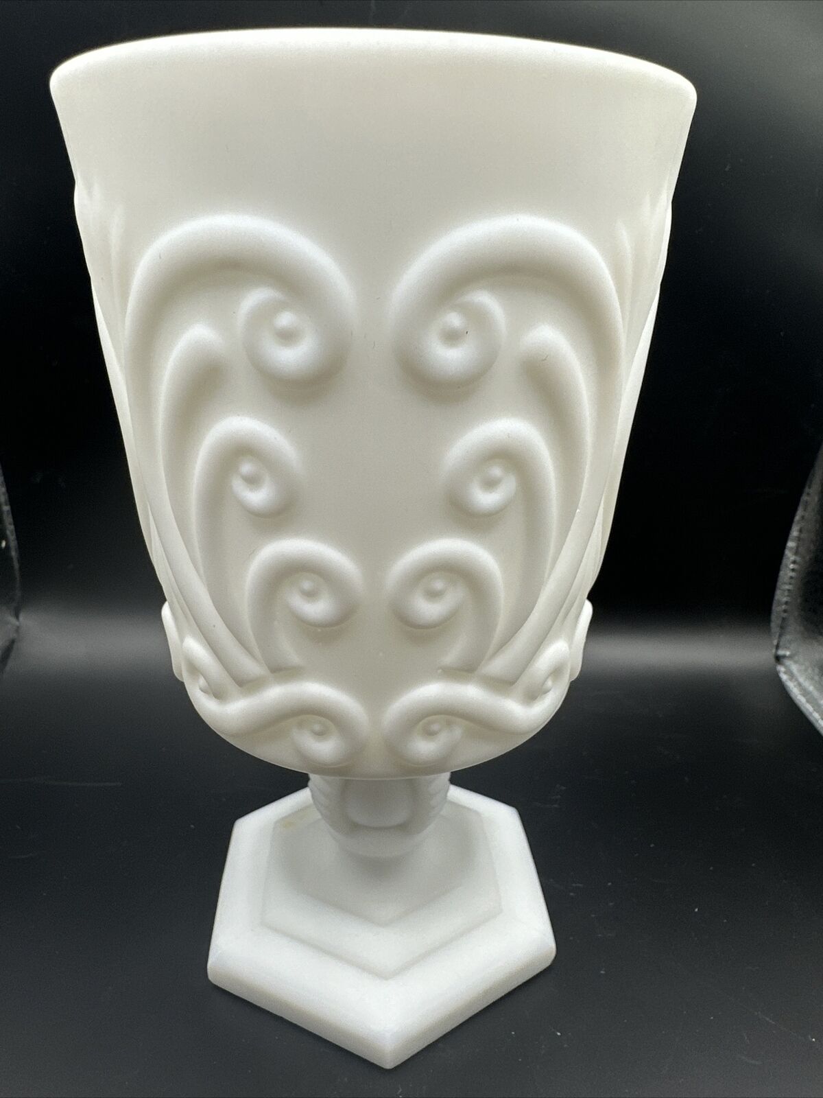 Imperial Satin White Cerulean Pressed Glass Water Wine Goblet Scroll