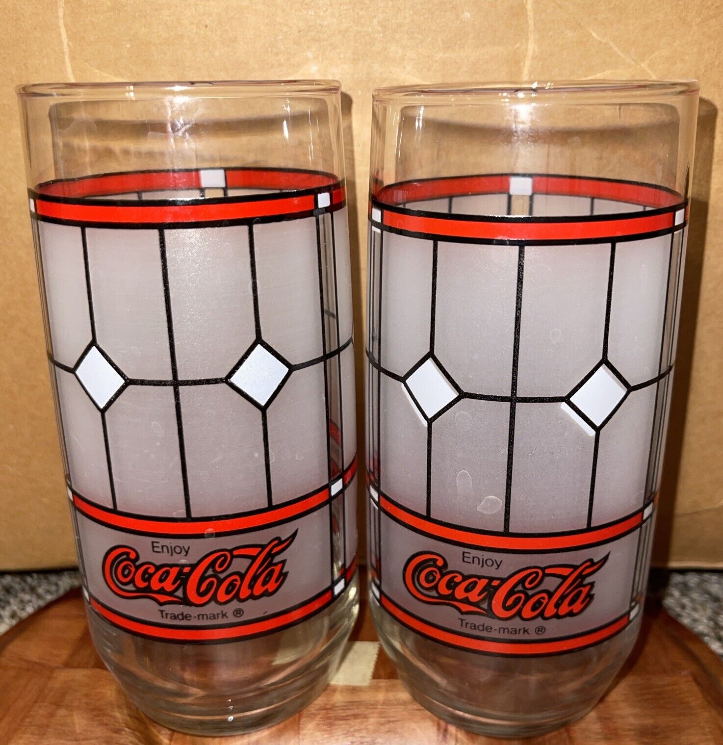 Set of 2 Vintage Coca-Cola Coke Drinking Glasses Tiffany Style Frosted